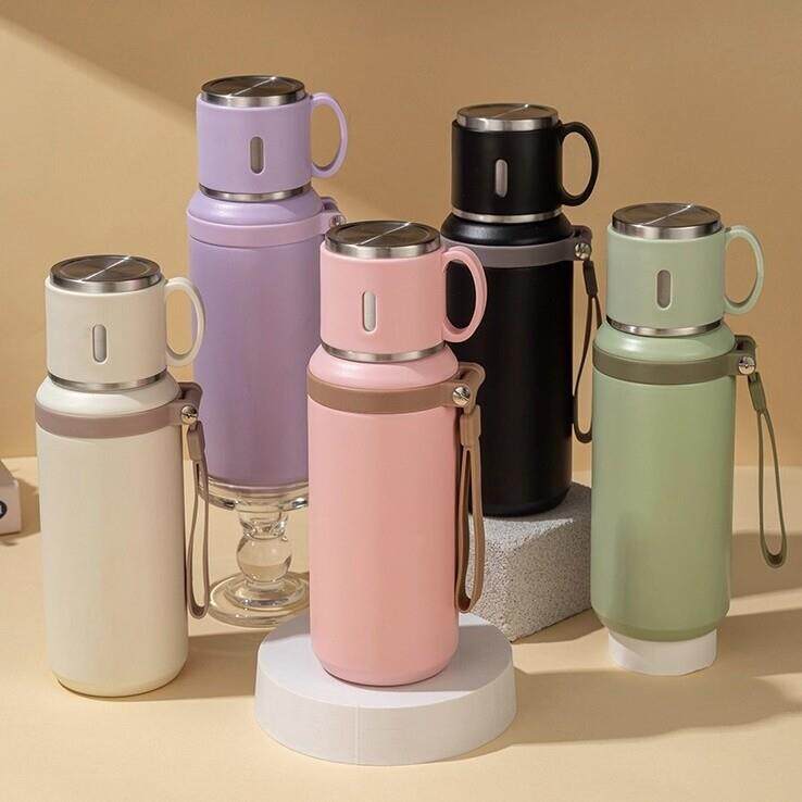 简约大容量碗盖杯带杯盖保温杯便携提绳保温杯茶水分离可泡茶水杯