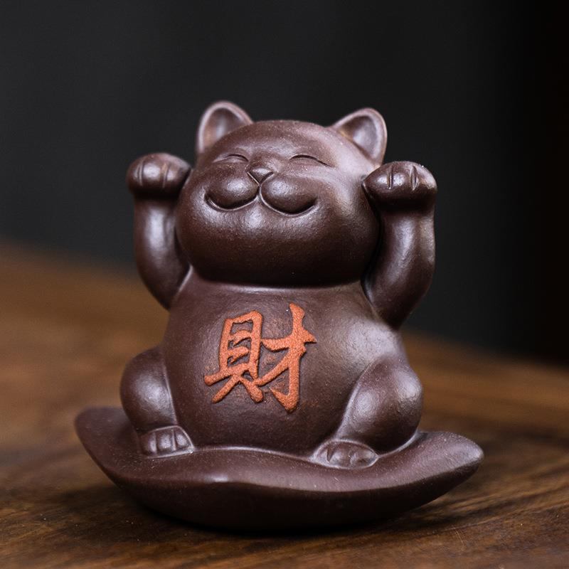 宜兴紫砂茶宠猫摆件雕塑创意招财进宝招财猫双色泥绘可养茶具