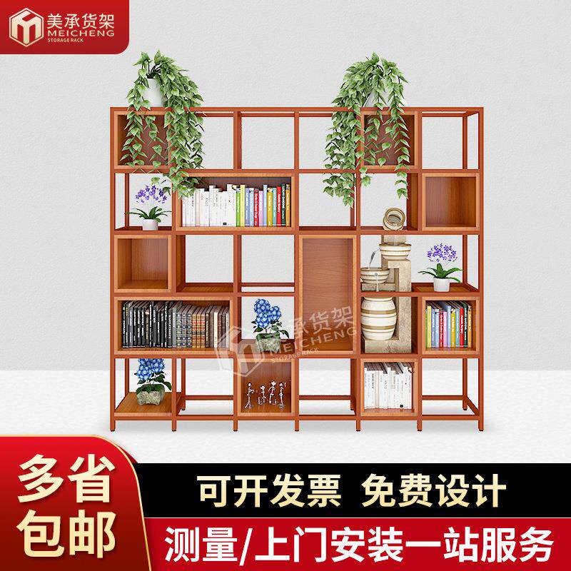广东美承博古架 钢木端头架带地柜咖啡厅展示架厂家