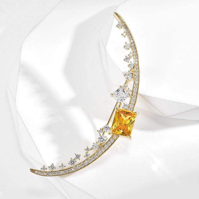 奢华优雅月光宝石月亮胸针微镶锆石胸针铜镀真金厂家