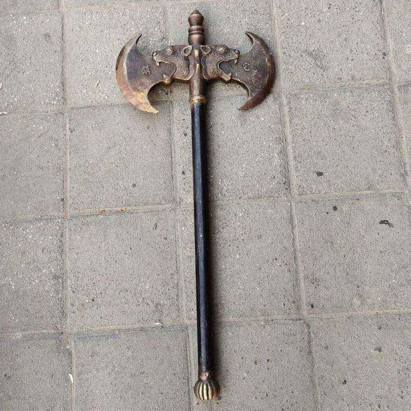 古玩杂项做旧双面斧铜器摆件仿古十八般兵器纯铜工艺品收藏品