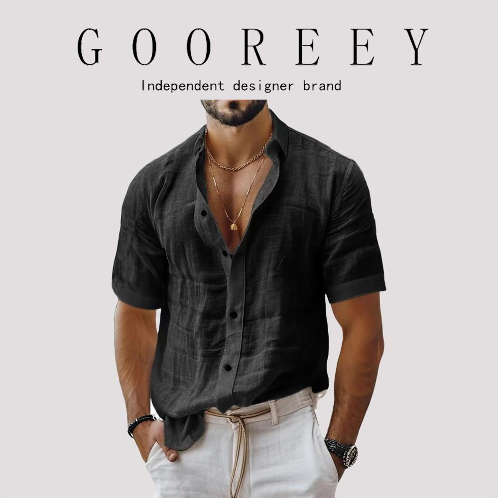 GooReey欧美翻领衬衫男士夏季2026新款纯色短袖贴袋休闲棉麻衬衣