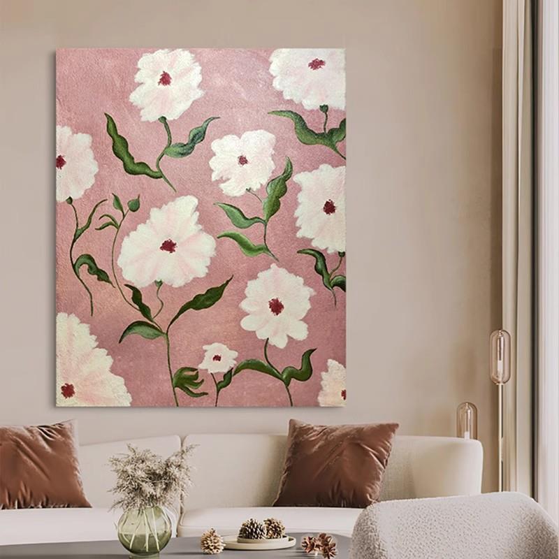 欧式抽象艺术白色植物花卉纯手绘油画客厅沙发肌理壁画卧室装饰画