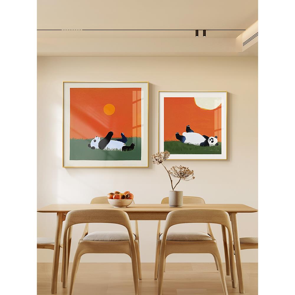 熊猫正方形餐厅装饰画橙色饭厅餐桌双联挂画日式卡通客厅玄关壁画图片