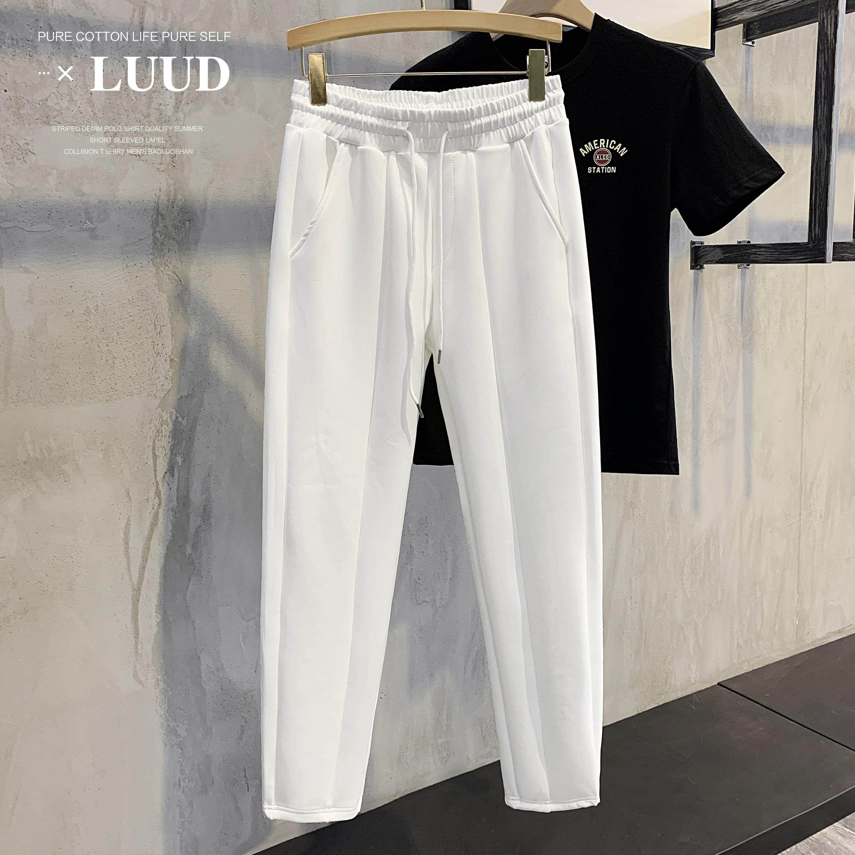 潮牌夏季柔糯太空棉运动白色卫裤垂感休闲裤男士小直筒纯色长裤子