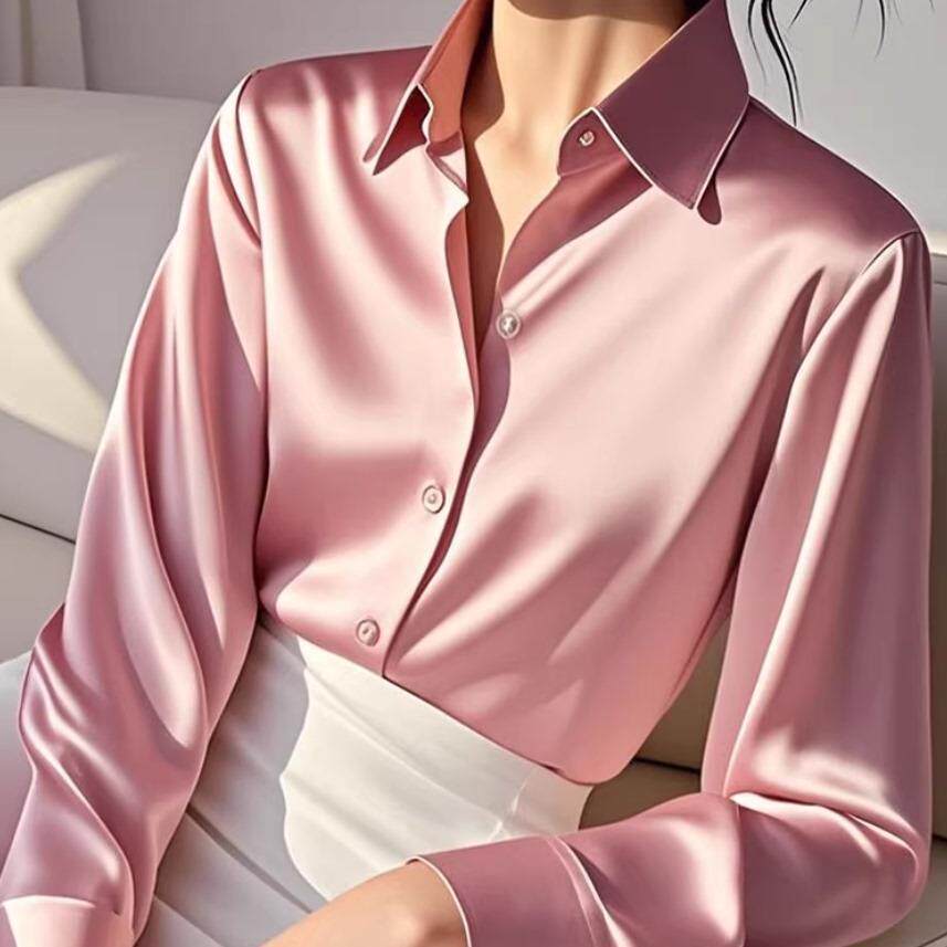 轻奢缎面真丝衬衫女长袖粉色小香风春秋季新款职业正装高级感衬衫