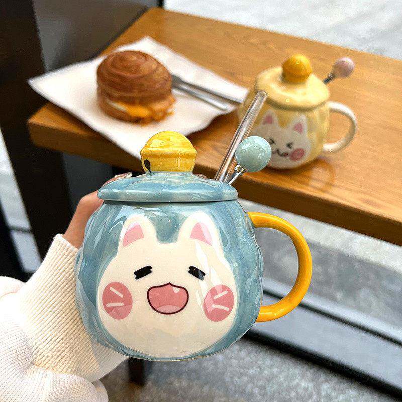 超萌招财猫陶瓷咖啡杯可爱卡通水杯男女学生情侣牛奶马克杯带盖子