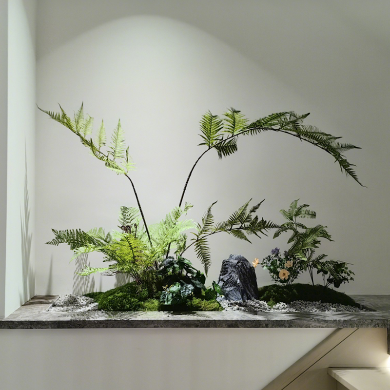 室内楼梯下仿真绿植造景阳台采光井蕨类盆栽假树植物景观装饰盆景