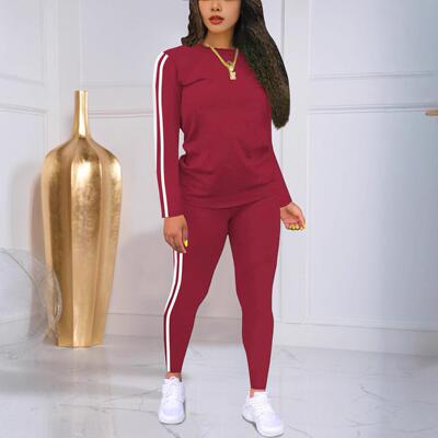Womens Fitted Striped Print Knitted Long Sleeve Top & Pants