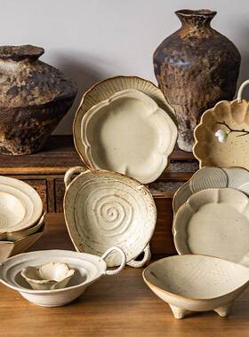复古粗陶餐具大合集手作粗陶餐厅沙拉料理碗民宿用菜盘蘸料碟果盘