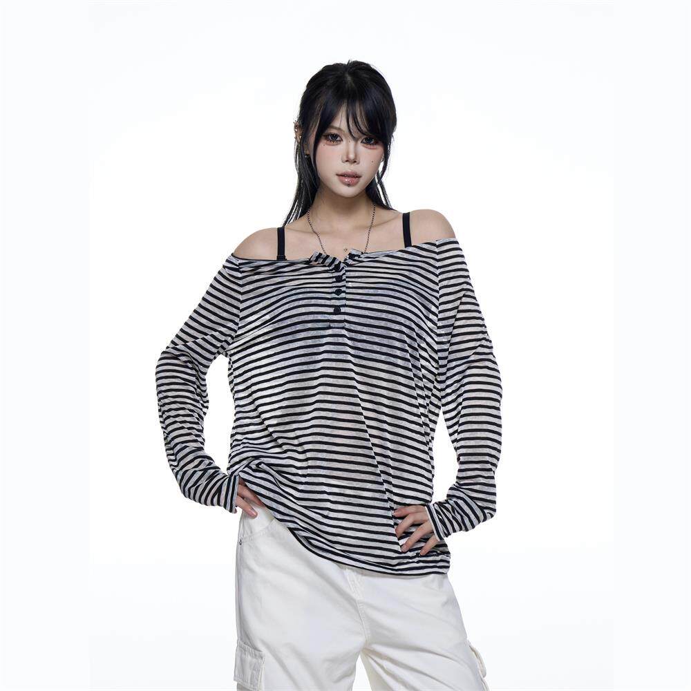 MARMROO美式复古慵懒风条纹一字肩长袖T恤女春秋辣妹宽松露肩上衣