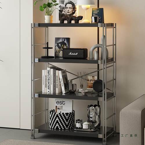 日式置物架落地客厅阳台多层中古收纳架厨房微波炉烤箱储物架黑色