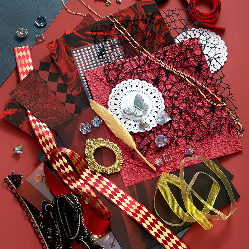 小食量丝带蕾丝痛包diy材料全套扎痛包背景纸二次元装饰贴纸红色