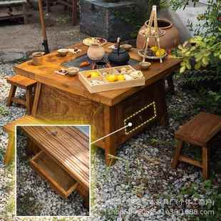 老榆木煮茶桌围商用甜店喝厅茶桌客实木桌冬季 炉煮茶VJL桌品户外