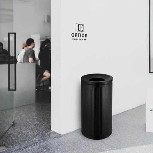 圆形无盖直投黑色竖纹创意奶茶店垃圾桶50L不锈钢洗手间擦手纸桶