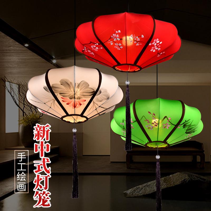新中式布艺飞碟吊灯古风古典手绘中国风饭店餐厅商场婚礼装饰灯笼