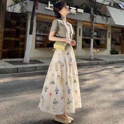 法式碎花a字百褶半身裙女松紧高腰显瘦中长版温柔夏日甜美小裙子