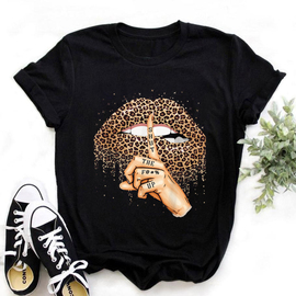 Leopard  lips T-shirt 欧美INS风大码黑色T恤豹纹嘴唇女上衣体恤