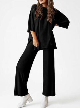 Women'S 2-Piece Outfits Short Sleeve Pullover Tops Split Hem