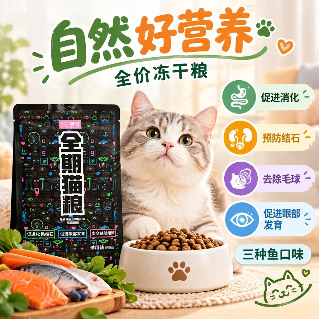 秀逗全期猫粮三种鱼口味全价冻干粮试用装促进消化预防结石买1送1