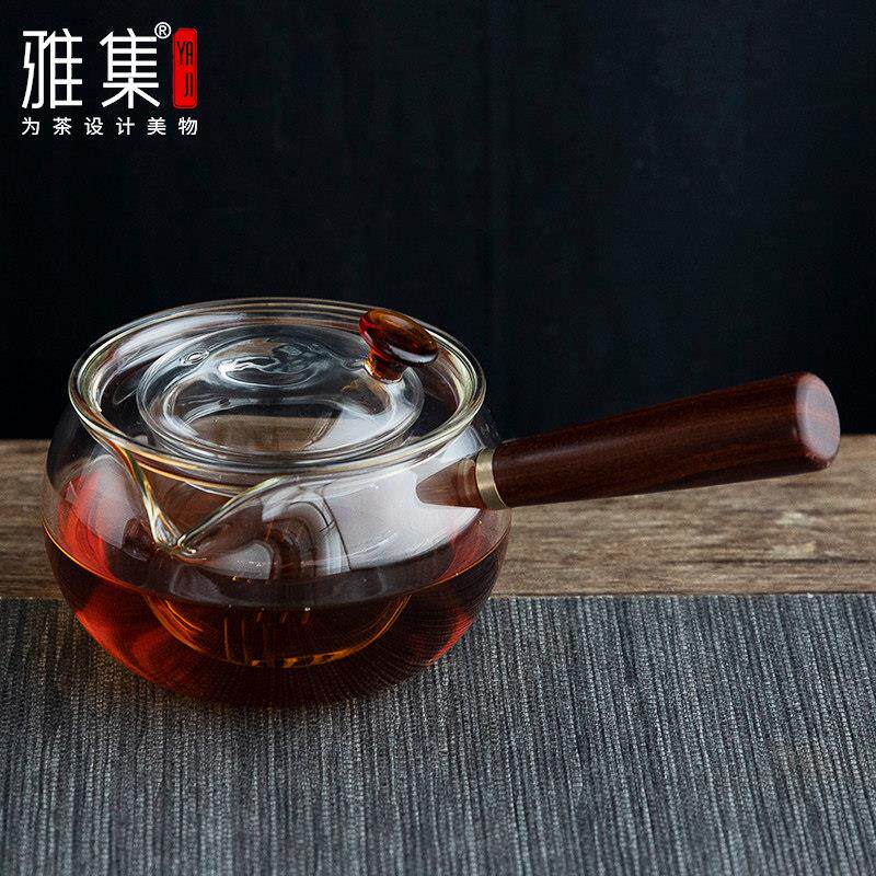 雅集茶具明趣泡茶壶木柄侧把壶分茶器茶水分离泡茶壶耐热玻璃茶具