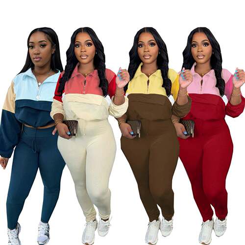 Women's Colorblock Zipper Patchwork Skinny Pants Set Casual