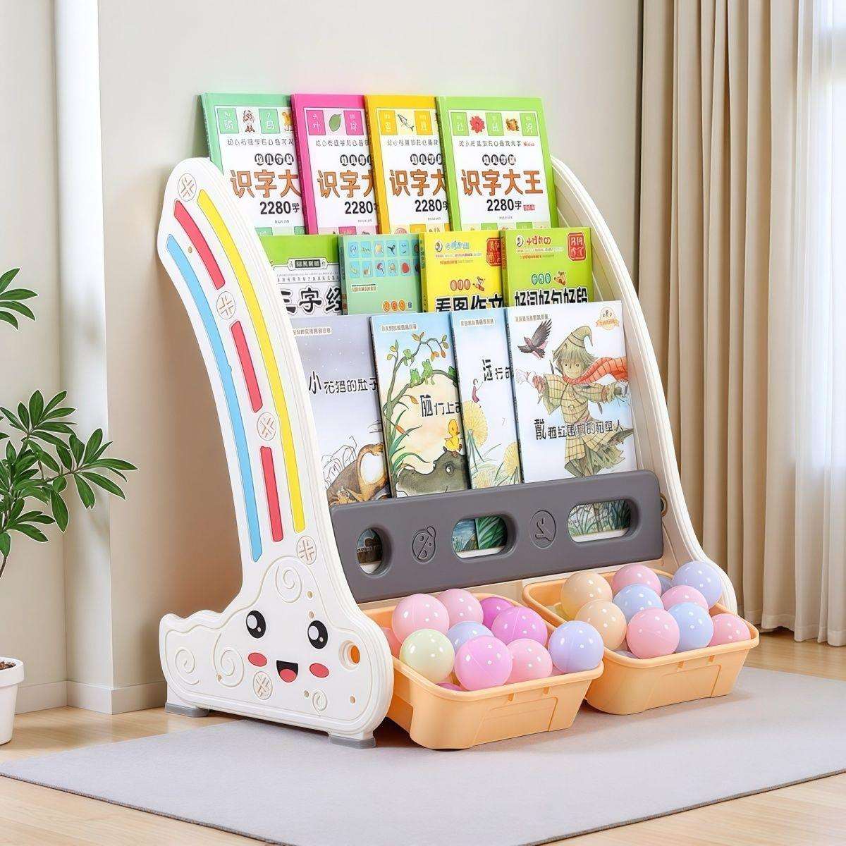 可爱卡通宝宝图书多功能玩具架-简约塑料吸睛书架简易收纳落地