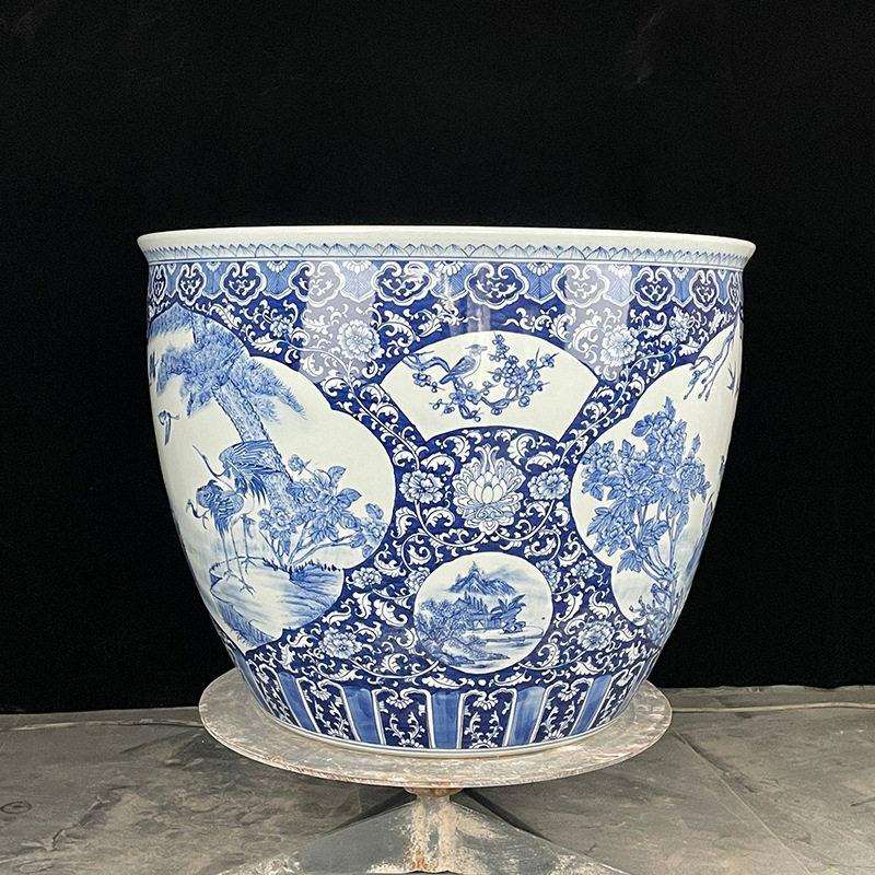 四面开堂花鸟青花缸景德镇陶瓷缸厂家仙鹤山水图缸工艺品摆件手绘
