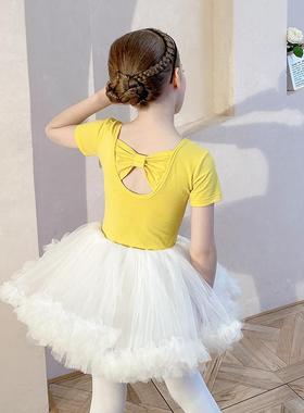 儿童舞蹈服女童练功服夏季短袖黄色暗扣开档分体套装幼儿芭蕾舞裙