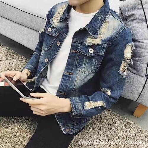 Vintage Distressed Street Style Washed Denim Jacket For Men