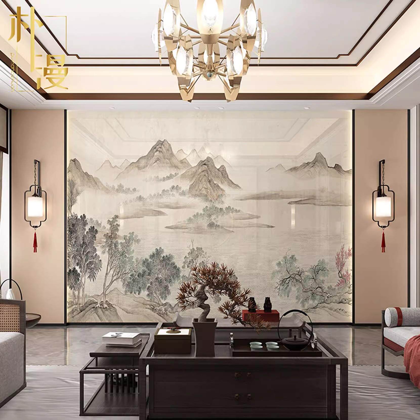 碳晶板山水画电视背景墙中式别墅客厅沙发宋式美学竹木纤维护墙板