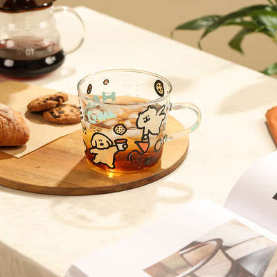 蓝莲花家居玻璃早餐杯办公室喝水杯耐热高硼硅茶杯杯子女生带把手