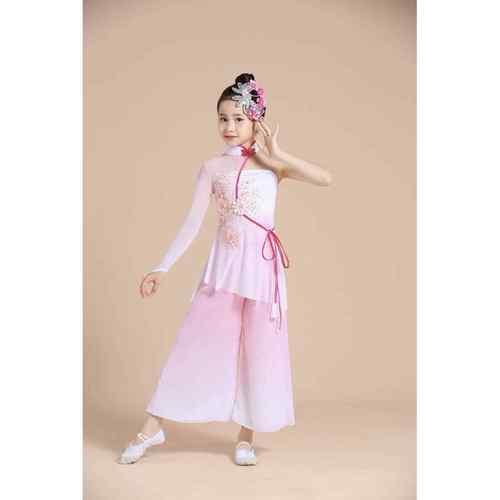 高档儿童古典舞服胶歌州秧艺考独舞扇子民族舞飘逸演中国风出服粉