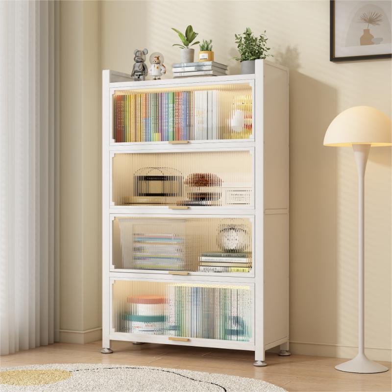 家用钢制儿童书架置物架落地收纳柜客厅铁艺上翻门防尘书柜储物架