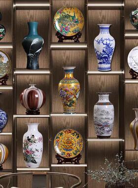 中式茶室软装茶柜酒柜装饰摆件博古架陶瓷青花瓷花瓶瓷器工艺品
