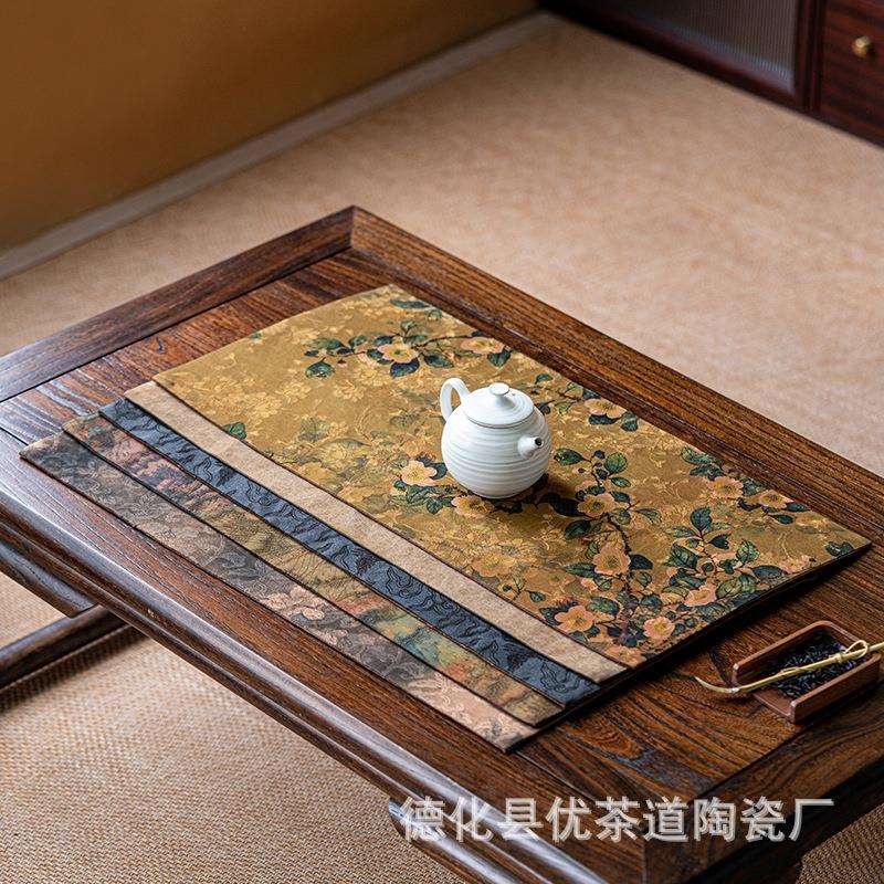 优茶道手工香云纱老料茶席禅意古朴茶花图案桌旗布艺桌布茶布垫