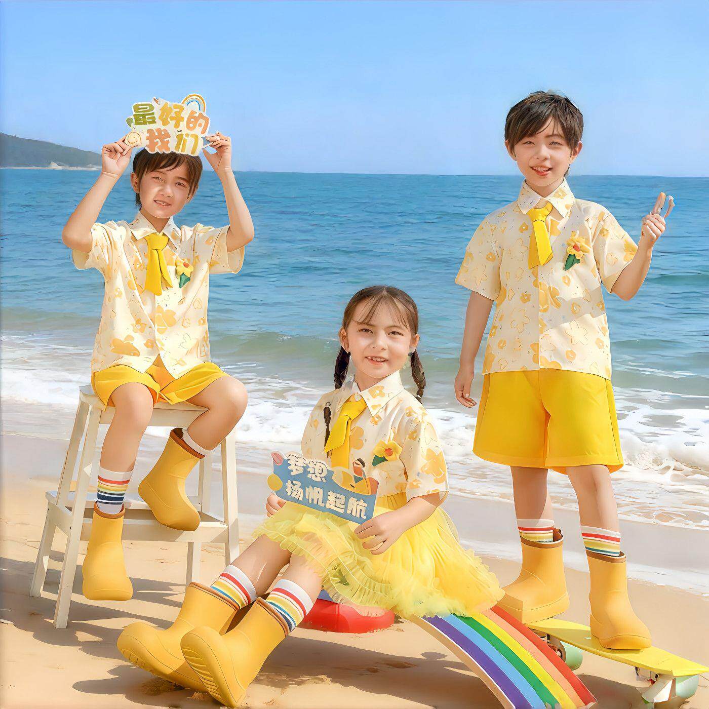 儿童啦啦队服装黄色蓬蓬裙小学生运动会班服表演服六一儿童演出服
