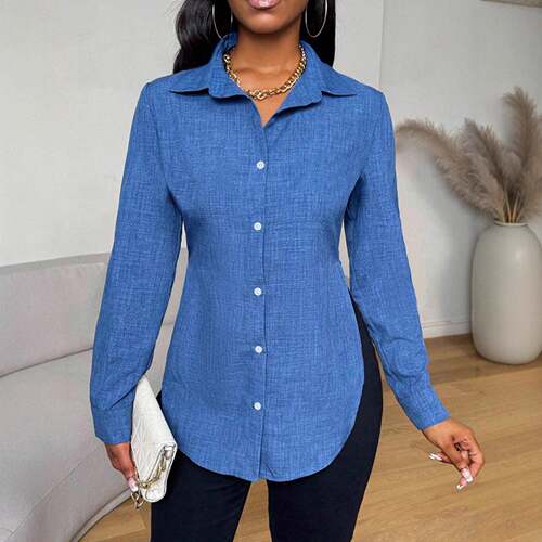 A ladies blue buttondown Blouse shirt with a pocket