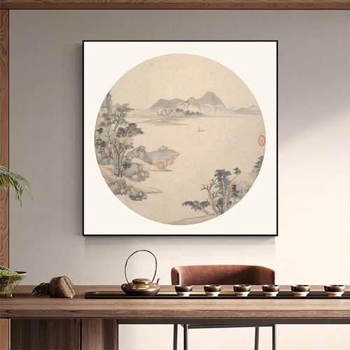 江山图新中式客厅沙发背景墙壁画正方形玄关挂画高级感卧室晶瓷画