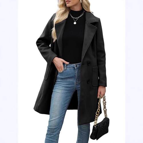 Women Winter Blend Camel Mid Coat Notch Double Breasted
