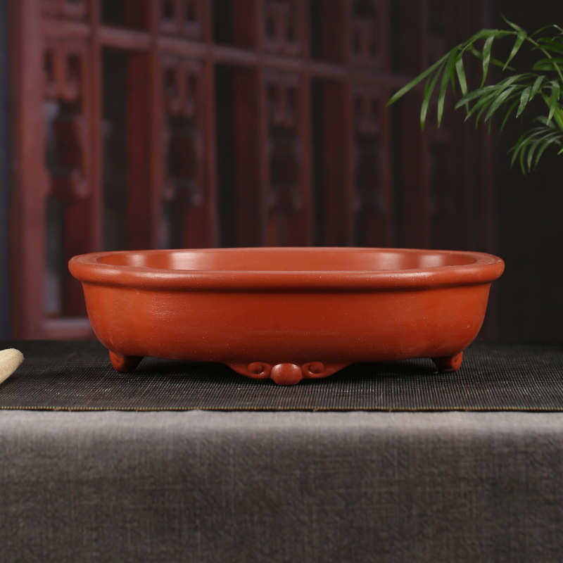 宜兴紫砂花盆批发大号复古三脚莲花浅盆桌面落地盆景装饰文竹YD07