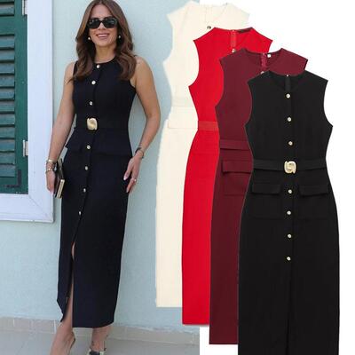 2025 Women's Dress Summer Sleeveless Midi Dress Woman Red