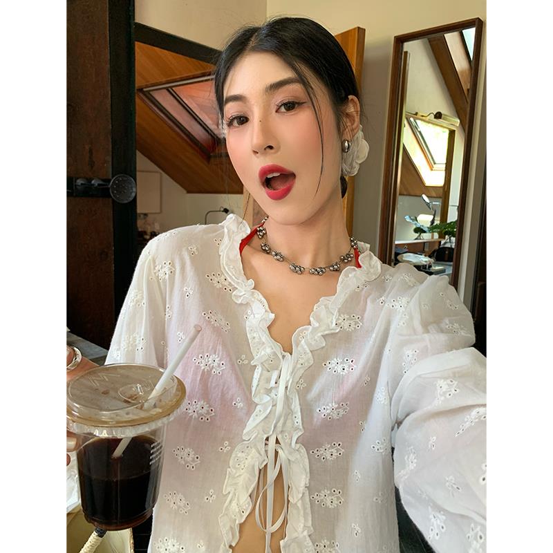 今屿花花 白色v领衬衫女夏款2026新款薄外套法式上衣蕾丝宽松衬衣
