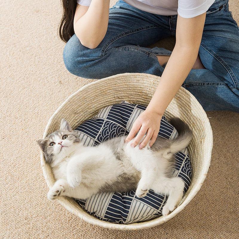 日系藤编猫窝夏季四季通用编制猫咪窝狗窝垫子草编猫床宠物窝春夏