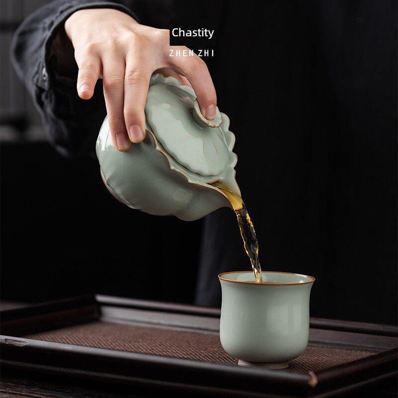 壶贞至茶汝窑茶壶家用中式冰陶瓷手抓壶单功夫具YCE泡茶壶裂纹开