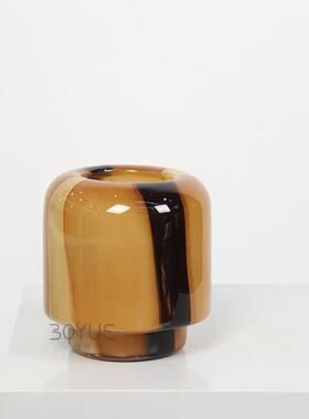 中古棕色琉璃直筒花瓶宅寂风手工黑色条纹干花样板房软装轻奢摆件
