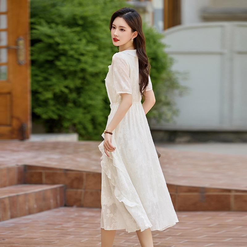 时尚领短袖显瘦风提连衣裙女新ZOU500计款夏季设感度假时尚花字裙
