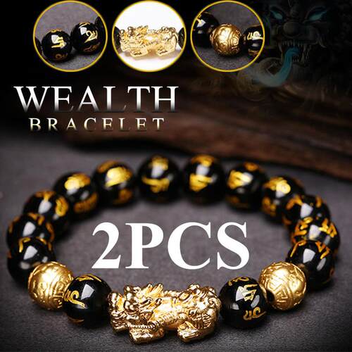 2PCS Feng Shui Black Obsidian Wealth Bracelets for Women