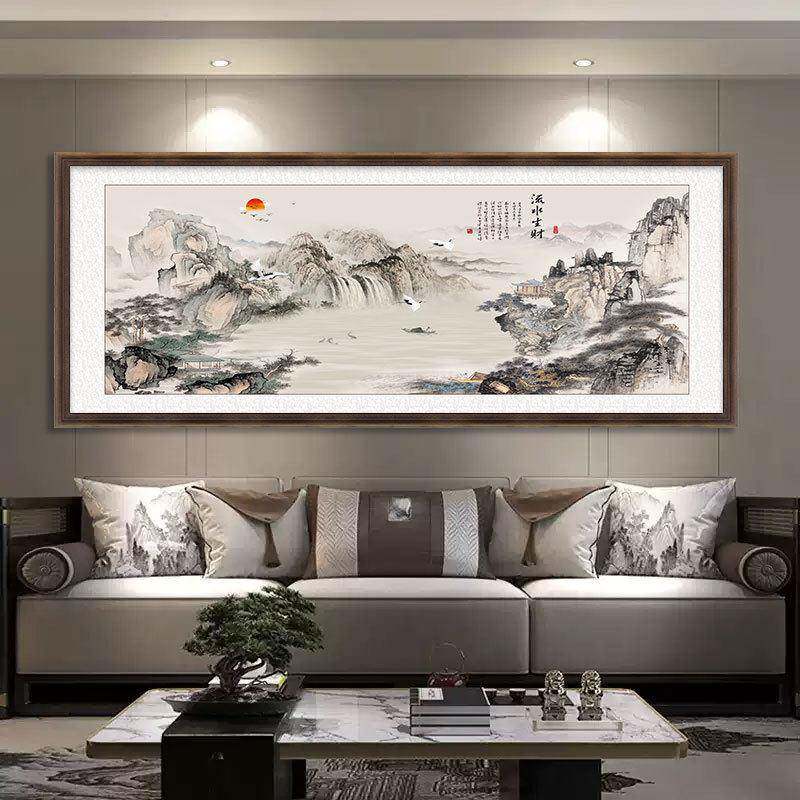 客厅挂画公室书房茶室壁画新中式山水字画靠山图中式实木装饰画