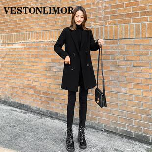 VESTONLIMOR 冬季新款黑色双面羊绒大衣女中长款修身显瘦毛呢外套